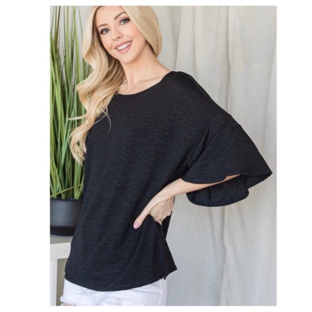 New Flared Sleeve Basic Short Sleeve Black Top